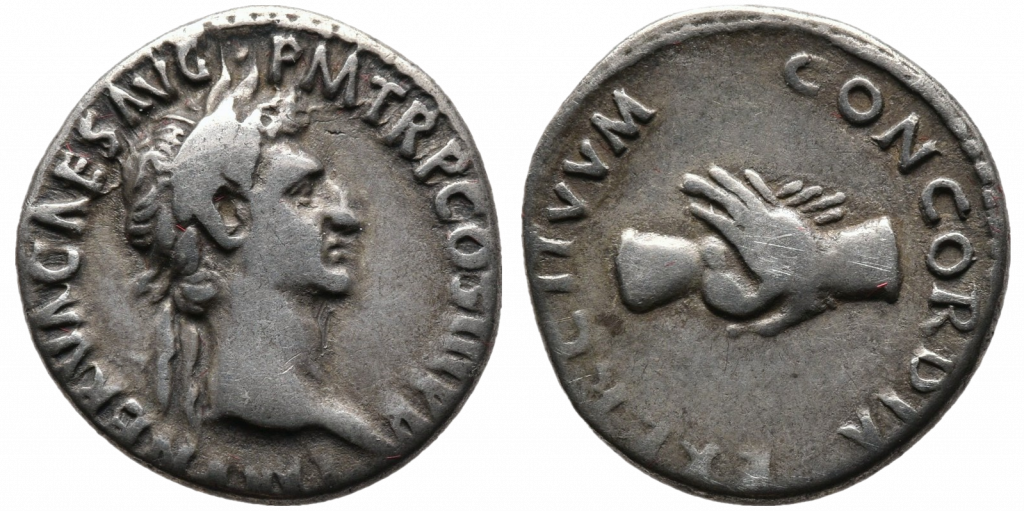 handshake as a symbol for unity, minted by emperor Nerva